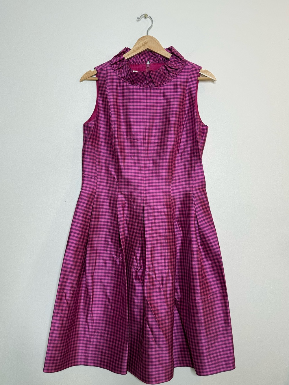 Sara Campbell 100% Silk Gingham Sleeveless Ruffled Neck Flare A Line Dress 4